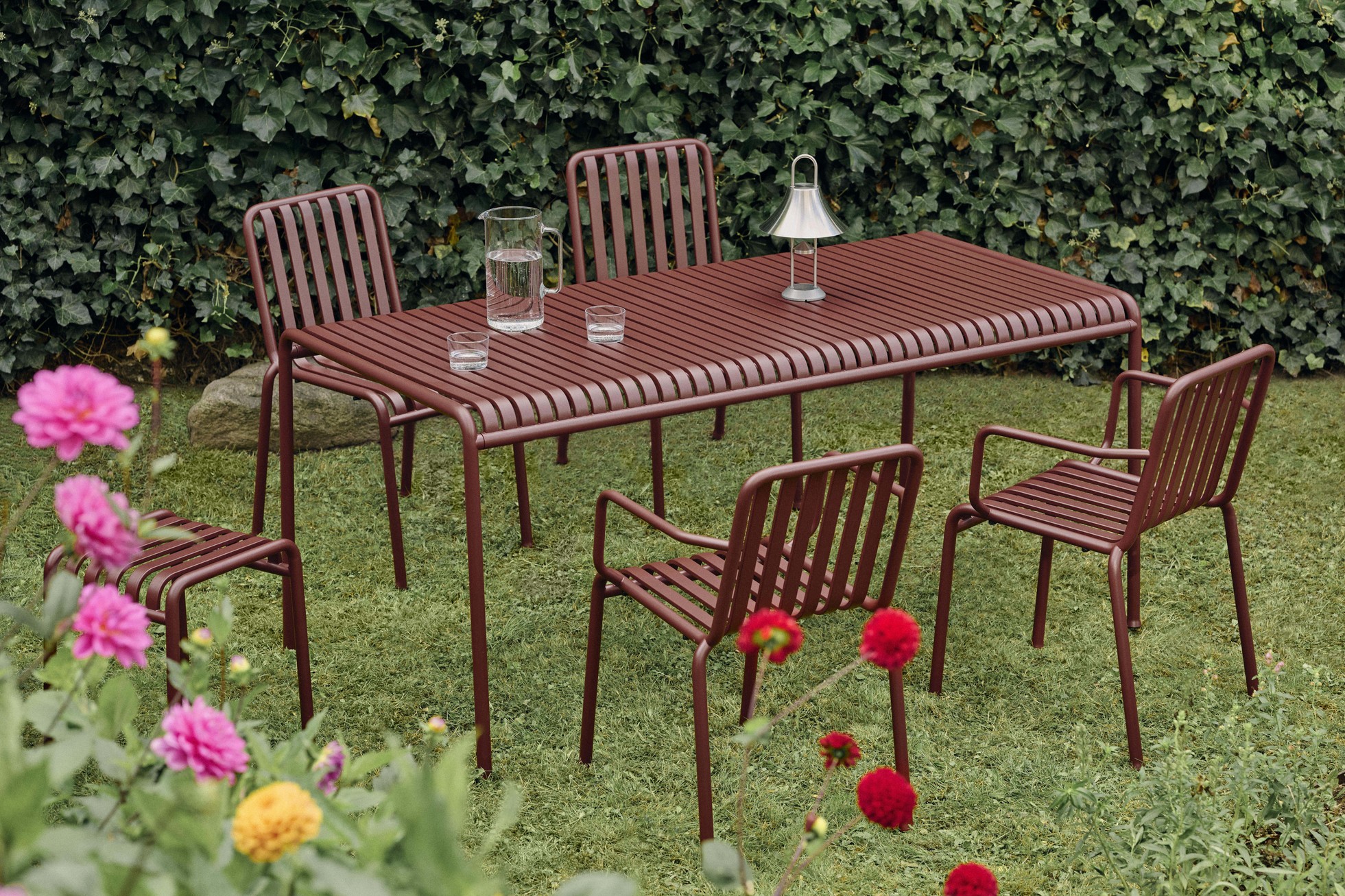 Palissade Table_Palissade Armchair_Palissade Chair_Palissade Stool iron red_Mousqueton brushed stainless steel